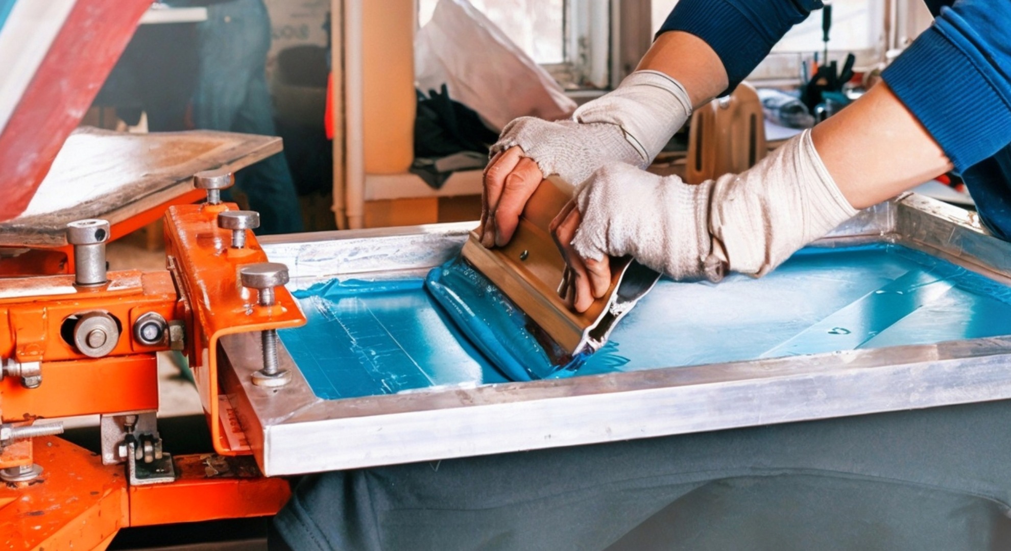 Worker spreading blue ink on a screen-printing frame.