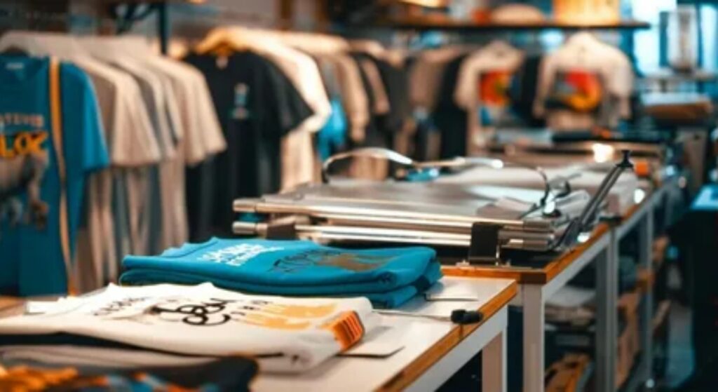 T-shirts displayed on racks and folded on tables inside a clothing store