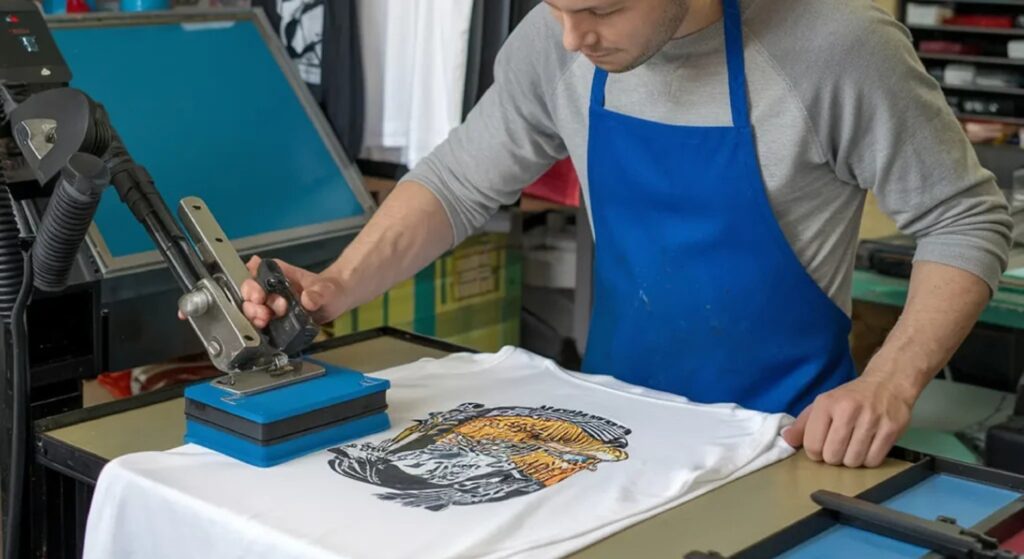 A worker presses a graphic design onto a white T-shirt